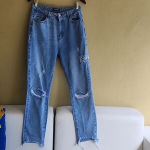 Missguided + Light Blue Distressed Straight Leg Jeans